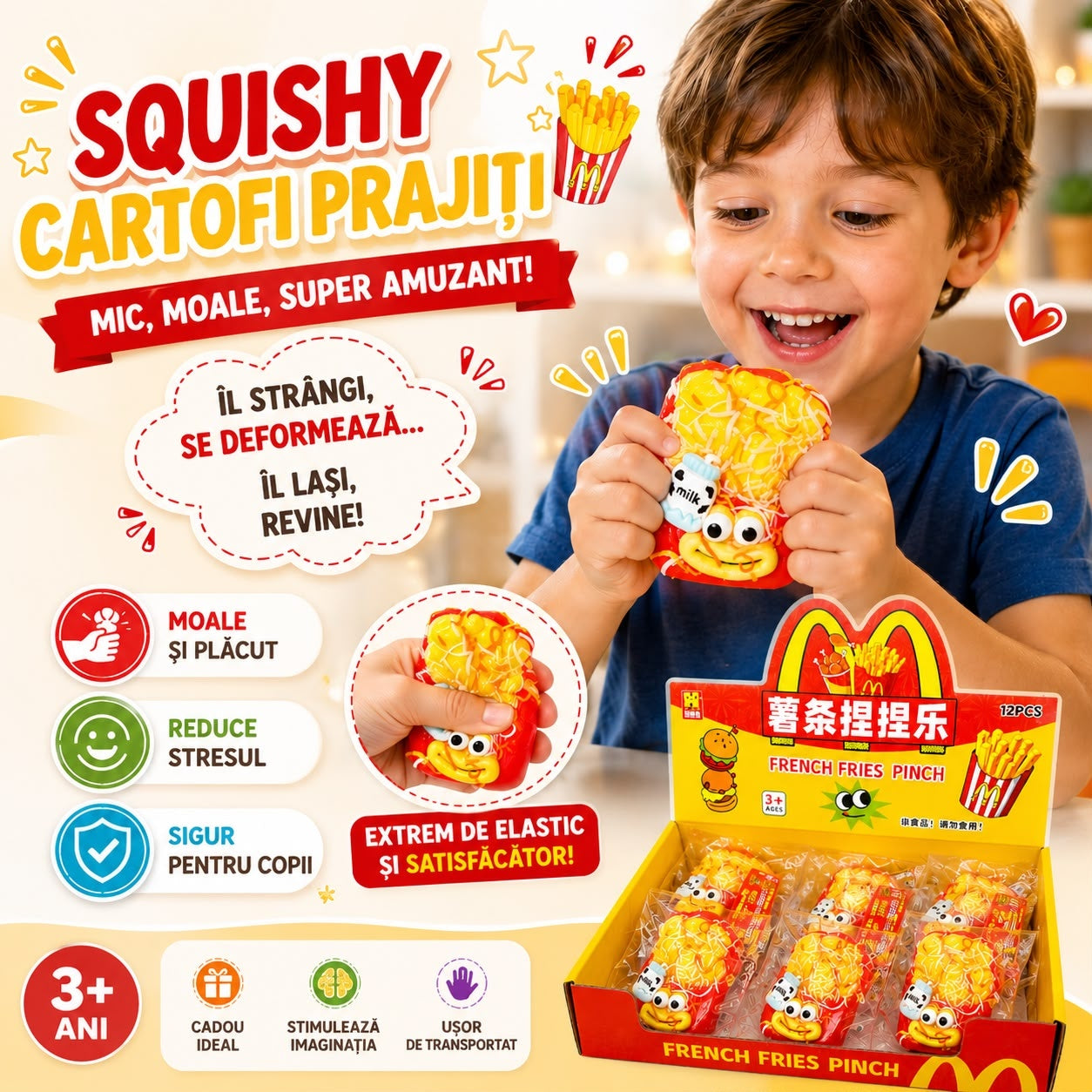 Jucărie Squishy Cartofi Prăjiți 7 cm – Antistres, Moale și Elastică, Model Fast Food Amuzant