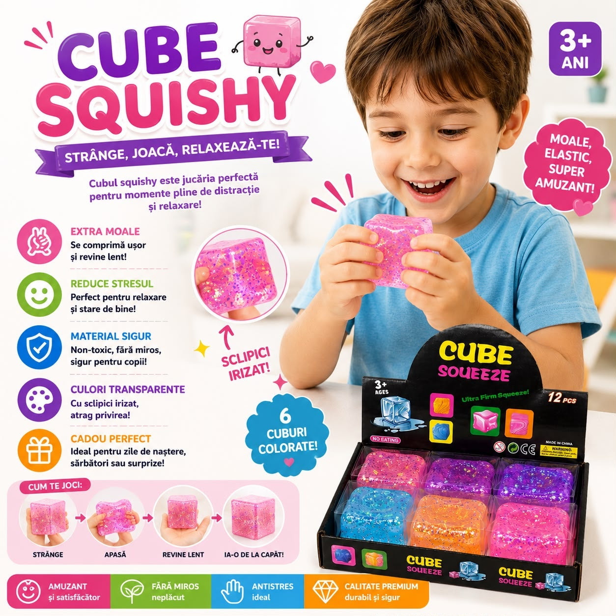 Jucărie Squishy Cub cu Sclipici 6 x 6 x 6 cm – Antistres, Culoare Aleatorie