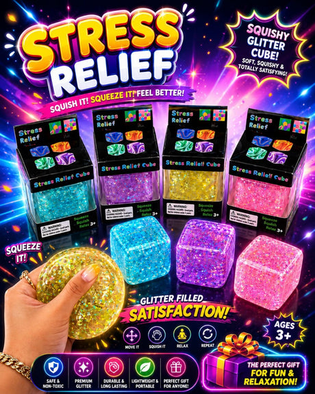Jucărie Squishy Cub cu Sclipici – Anti-Stres, Senzorială, Super Moale, Cube Fidget Toy