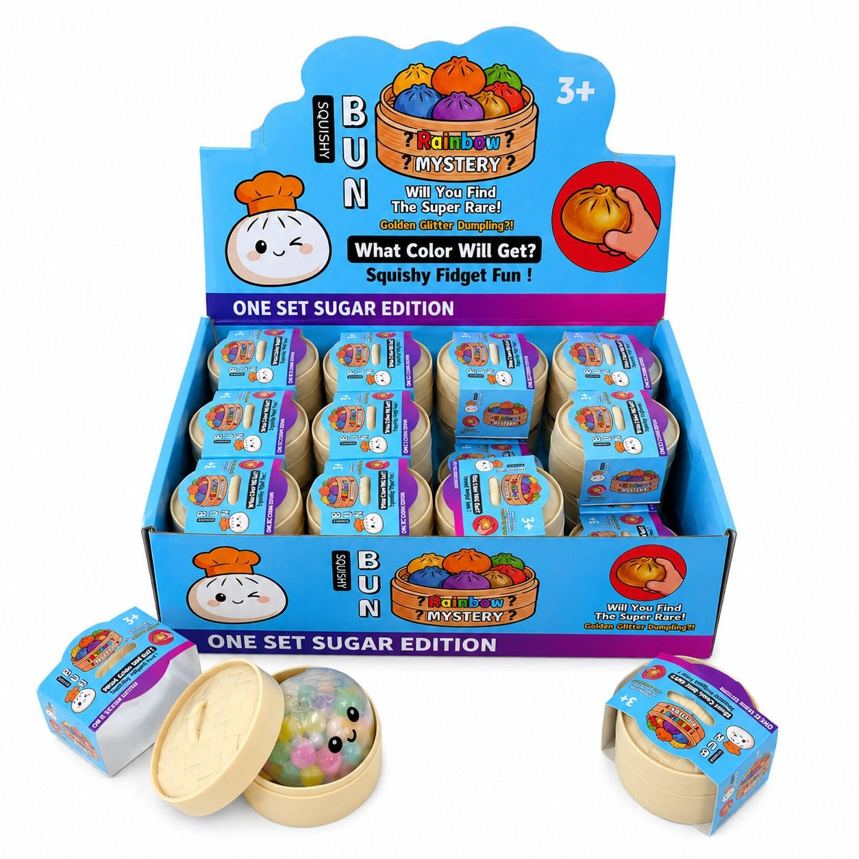 Jucărie Squishy Dumpling cu Bile Mari Colorate 5.5 cm – Minge Anti-Stres Senzorială în Cutie Tip Bambus