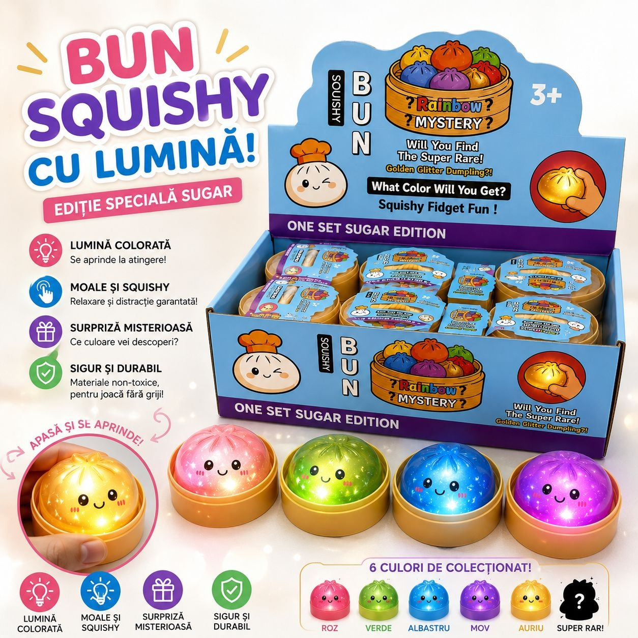 Jucărie Squishy Dumpling cu Lumini LED 5,5 cm – Antistres Moale