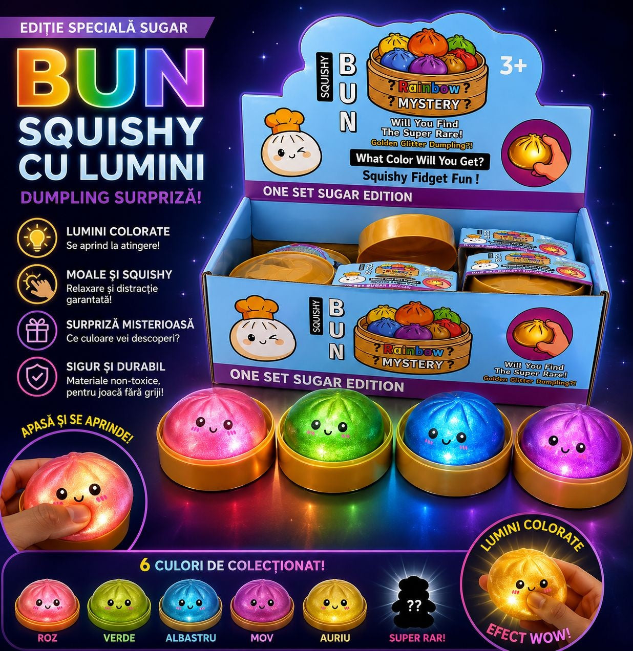 Jucărie Squishy Dumpling cu Lumini LED 8,5 cm – Antistres Moale, Slow Rising, Culoare Surpriză