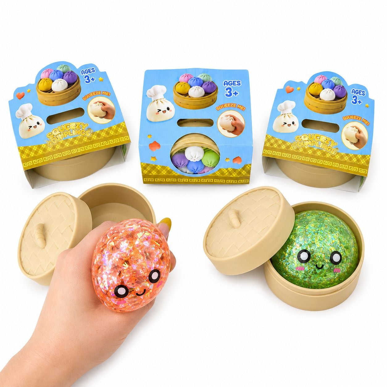 Jucărie Squishy Dumpling cu Sclipici 5,5 cm – Anti-Stres, Senzorială, Surprise Toy, Model Gălușcă