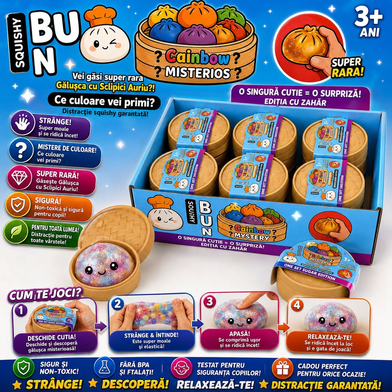 Jucărie Squishy Dumpling cu Sclipici și Bile Gel Mari 8,5 cm – Anti-Stres, Senzorială, Surprise Toy