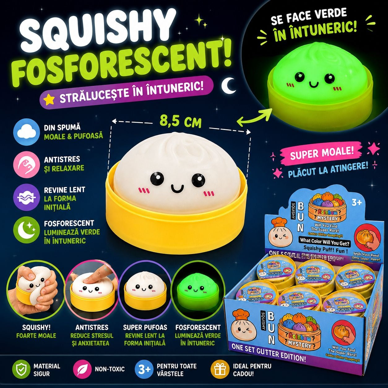 Jucărie Squishy Dumpling Fosforescentă 8,5 cm – Antistres, Glow in the Dark, Super Moale