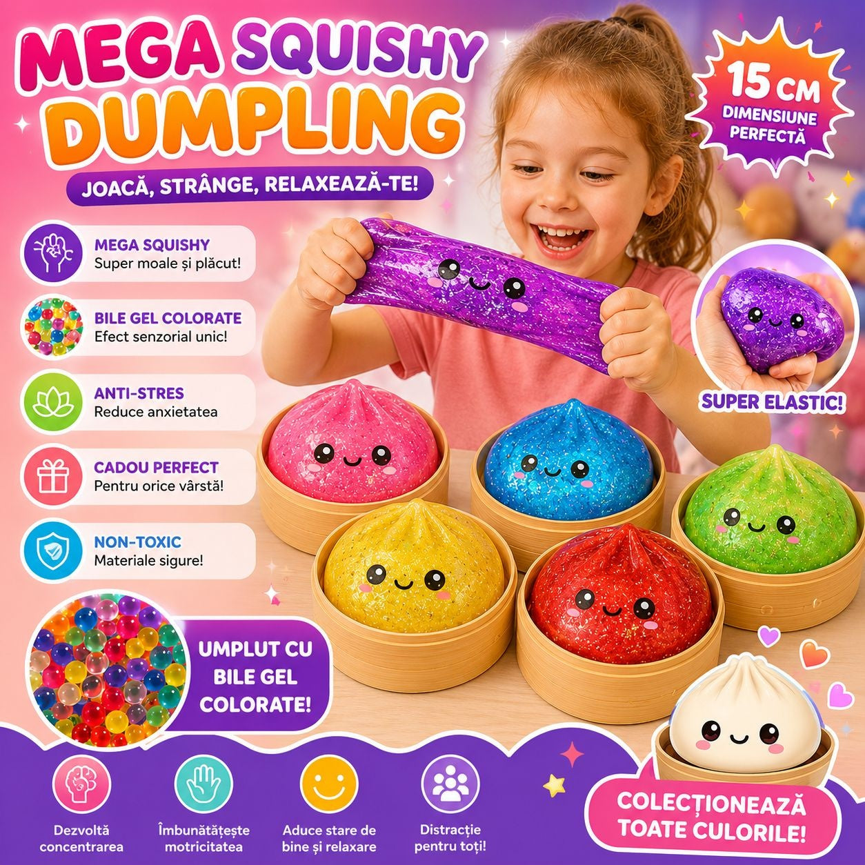 Jucărie Squishy Dumpling Gigant 15 cm cu Sclipici – Antistres Moale, Elastică și Relaxantă pentru Copii