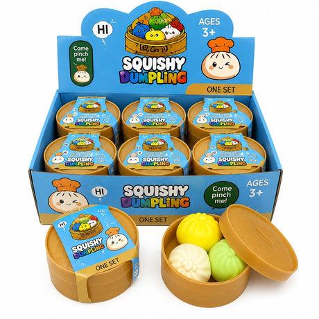 Jucărie Squishy Mini Dumpling în Cutie Bambus – Antistres Moale, Surpriză Colorată pentru Copii