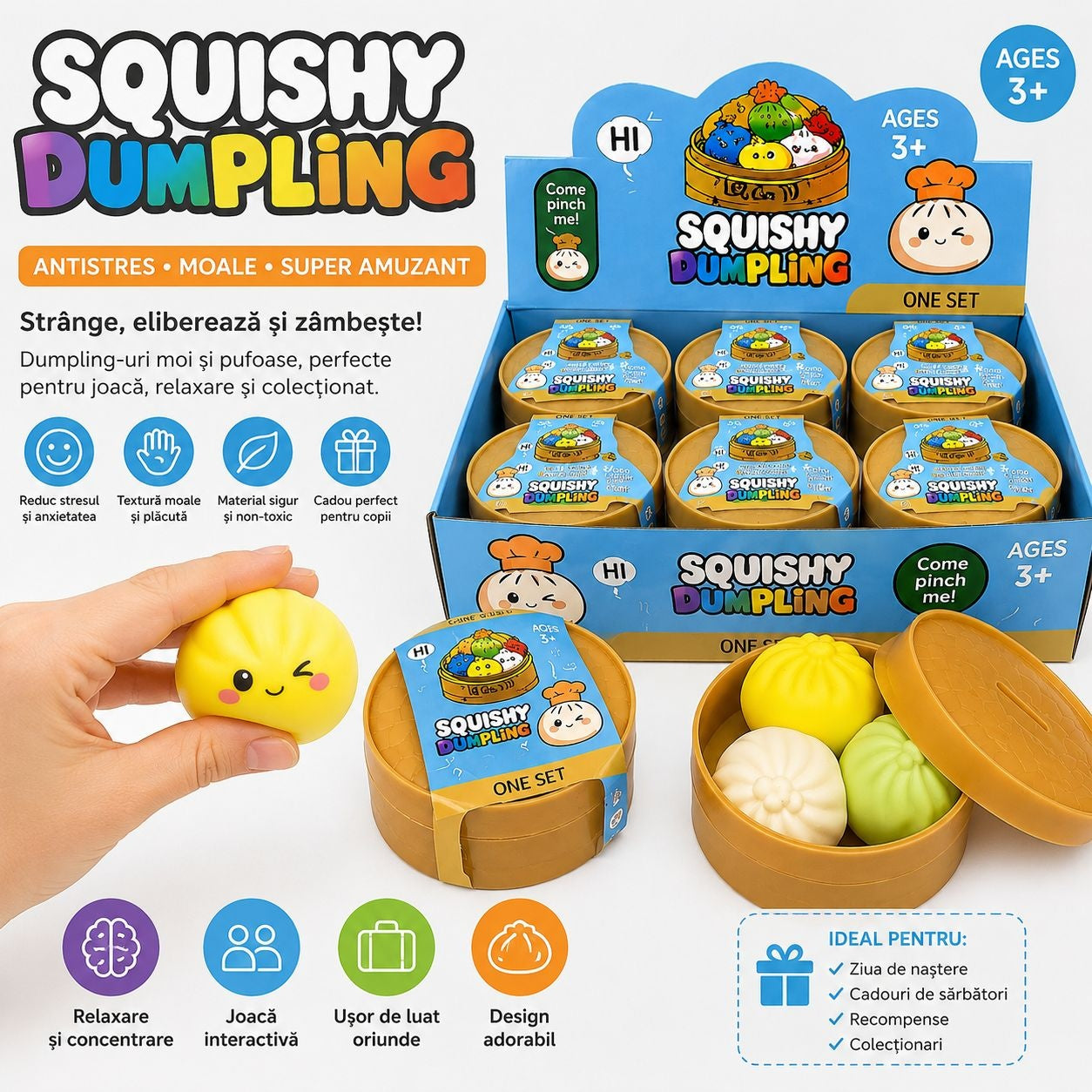 Jucărie Squishy Mini Dumpling în Cutie Bambus – Antistres Moale, Surpriză Colorată pentru Copii