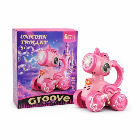 Jucarie unicorn cu roti, muzica, lumini si baloane de sapun, acumulator inclus, roz