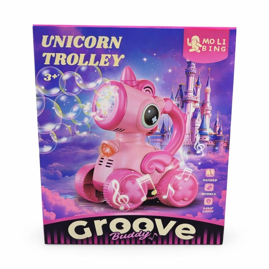 Jucarie unicorn cu roti, muzica, lumini si baloane de sapun, acumulator inclus, roz