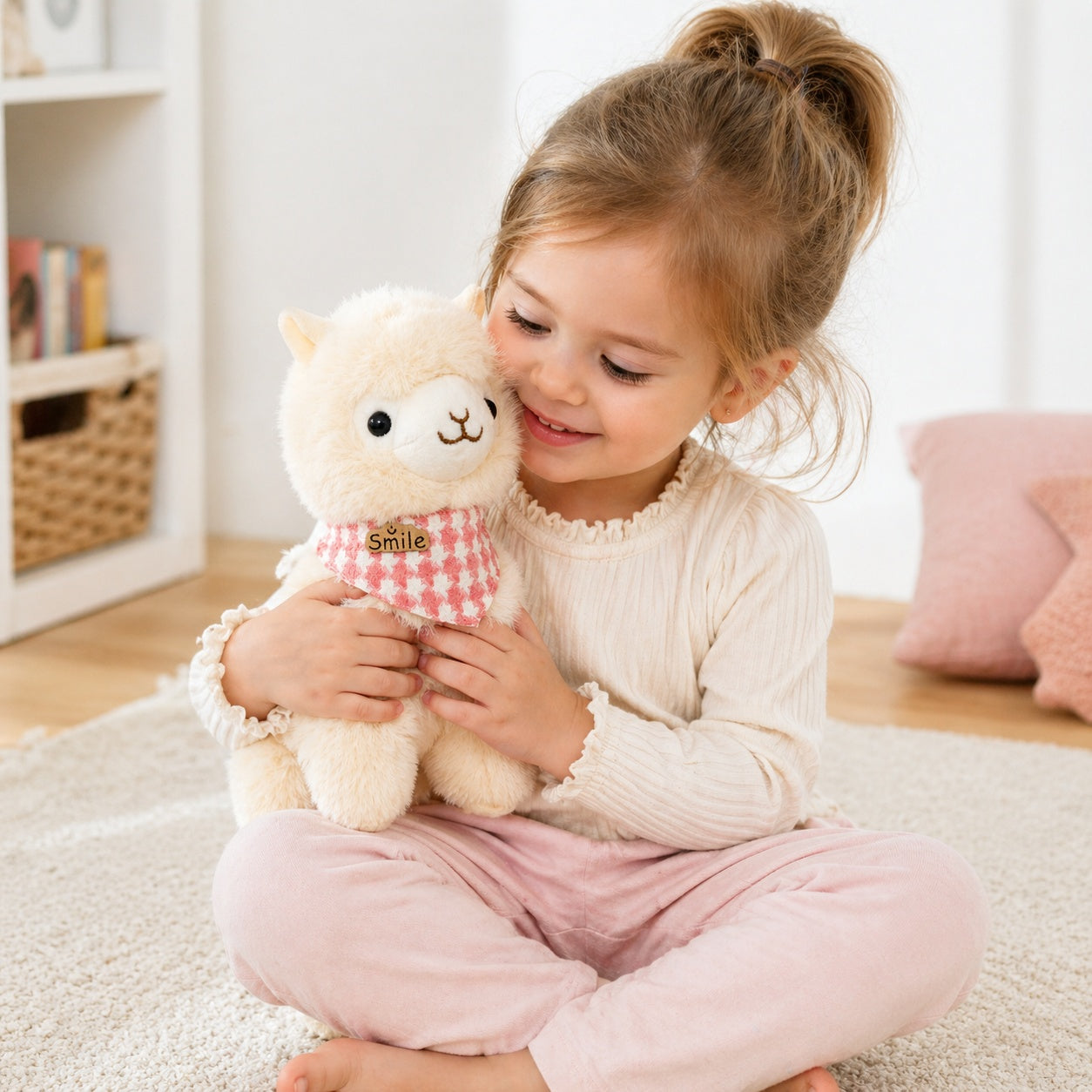 Lama de plus 25cm cu bandana rosie, jucarie moale pufoasa pentru copii