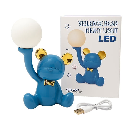 Lampa de Veghe LED Urs Albastru cu Glob Luminos , USB, Design Modern
