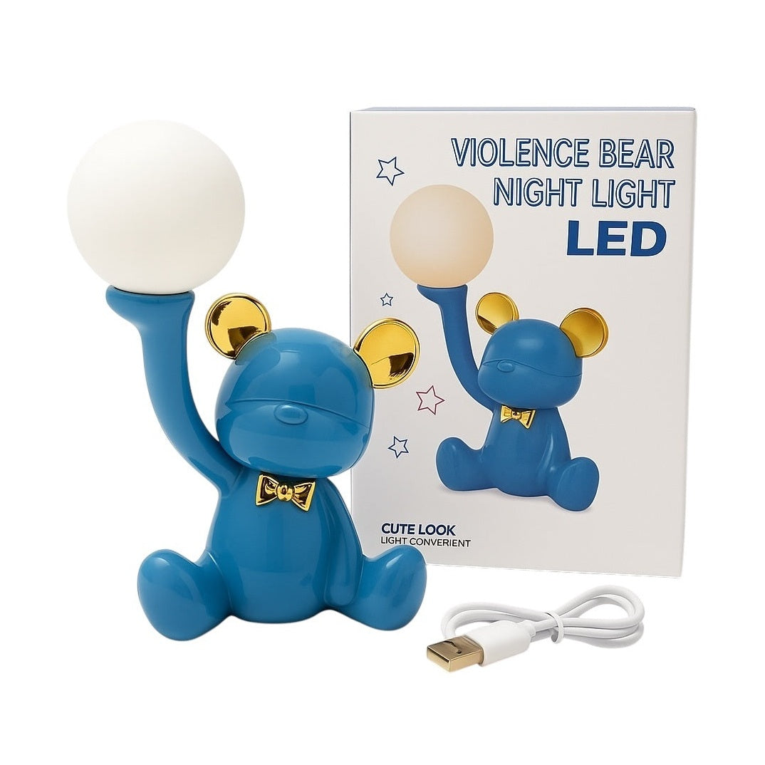 Lampa de Veghe LED Urs Albastru cu Glob Luminos , USB, Design Modern