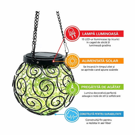 Lampă decorativă suspendată cu LED solar din sticlă și metal, verde/negru, pentru grădină
