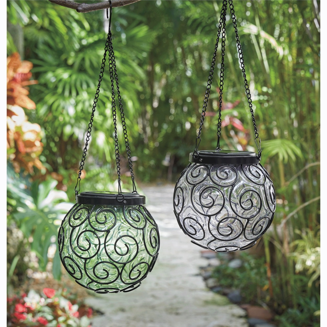 Lampă decorativă suspendată cu LED solar din sticlă și metal, verde/negru, pentru grădină