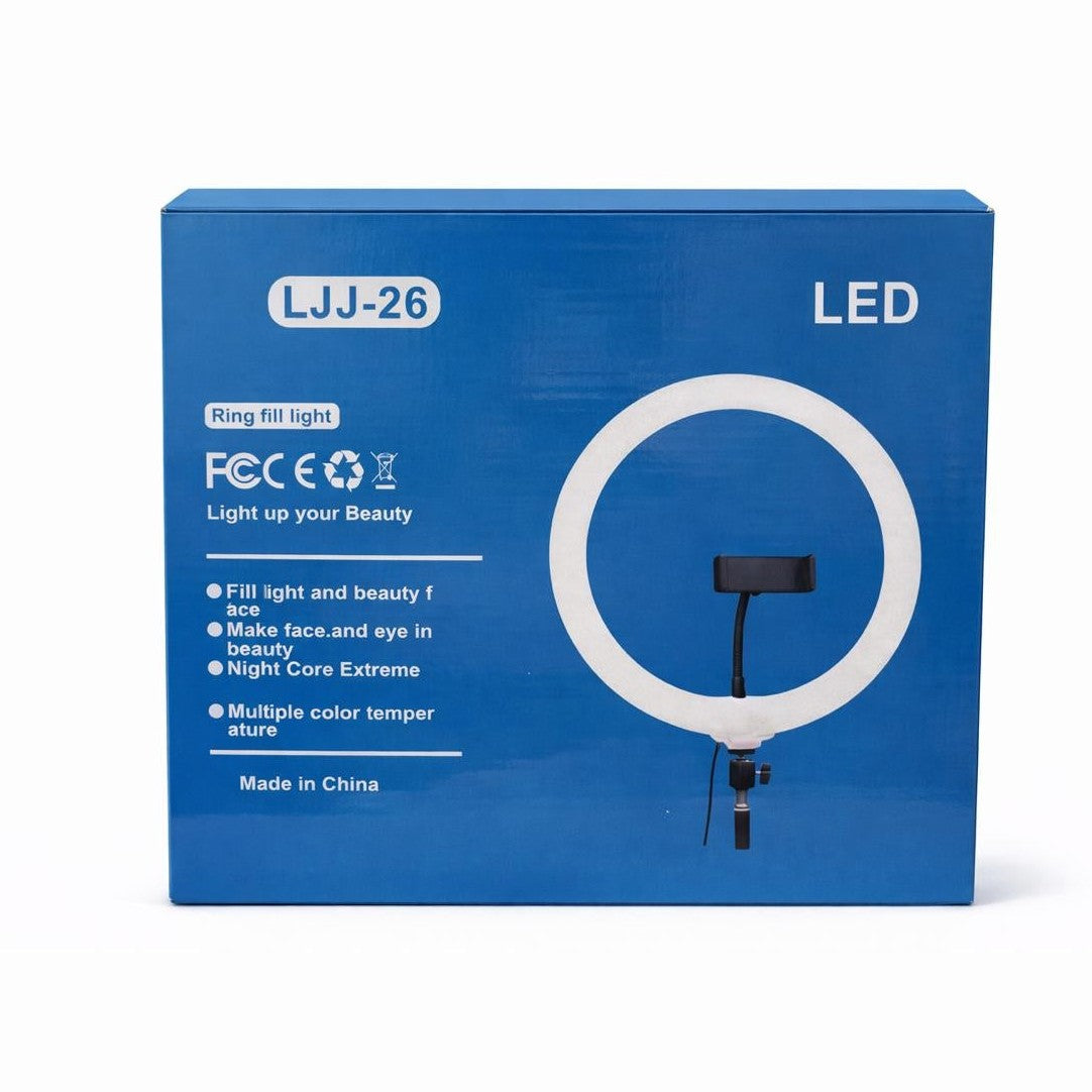 Lampă Ring Light LED LJJ-26 cu suport telefon, lumină reglabilă pentru selfie, video și make-up, Alb