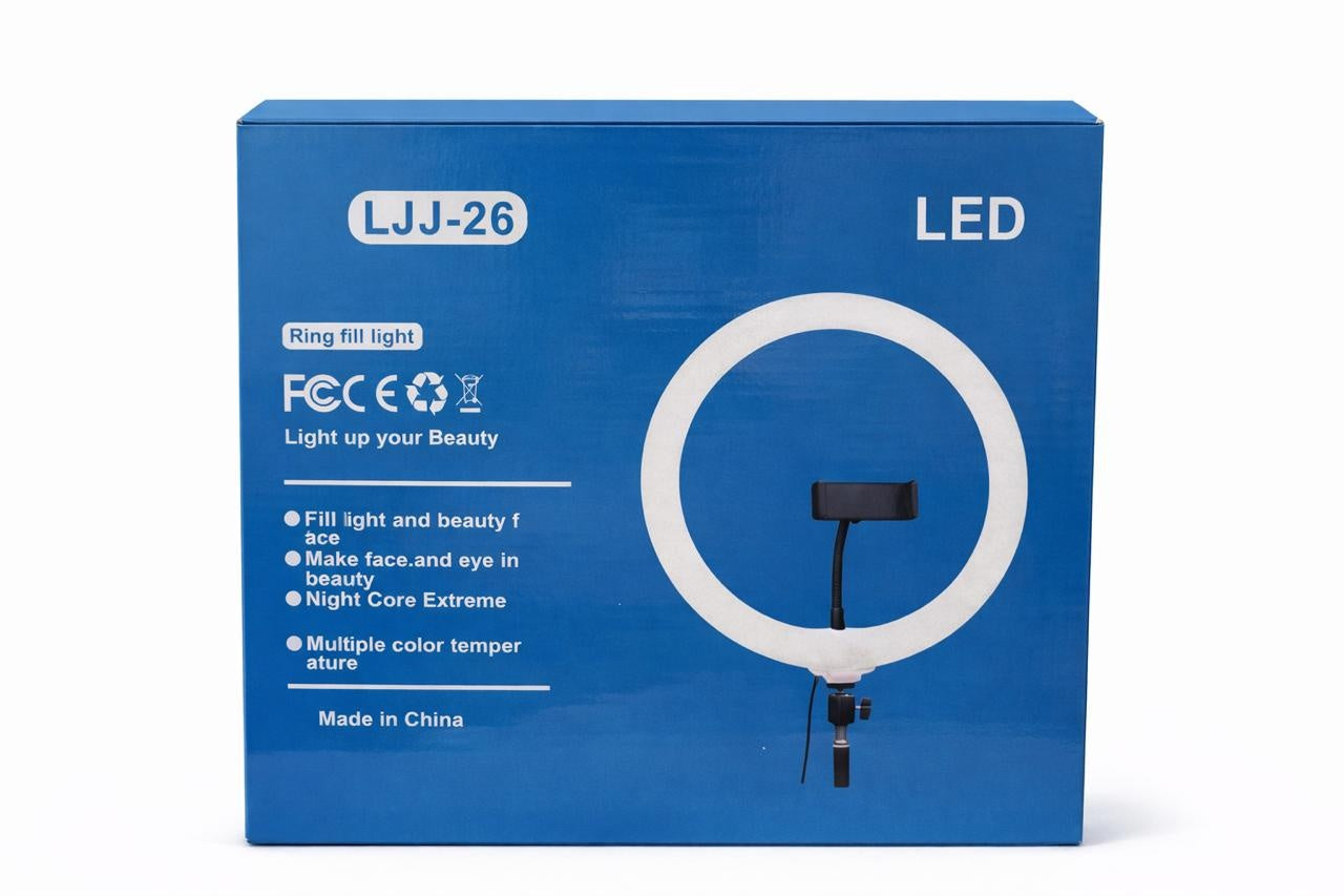 Lampă Ring Light LED LJJ-26 cu suport telefon, lumină reglabilă pentru selfie, video și make-up, Alb