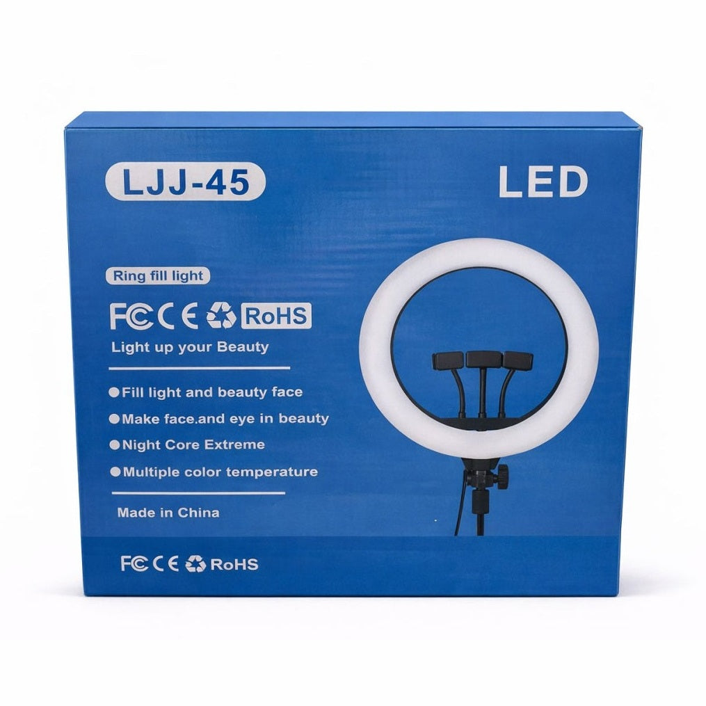 Lampă Ring Light LED LJJ-45 cu 3 suporturi telefon, lumină reglabilă pentru selfie și streaming