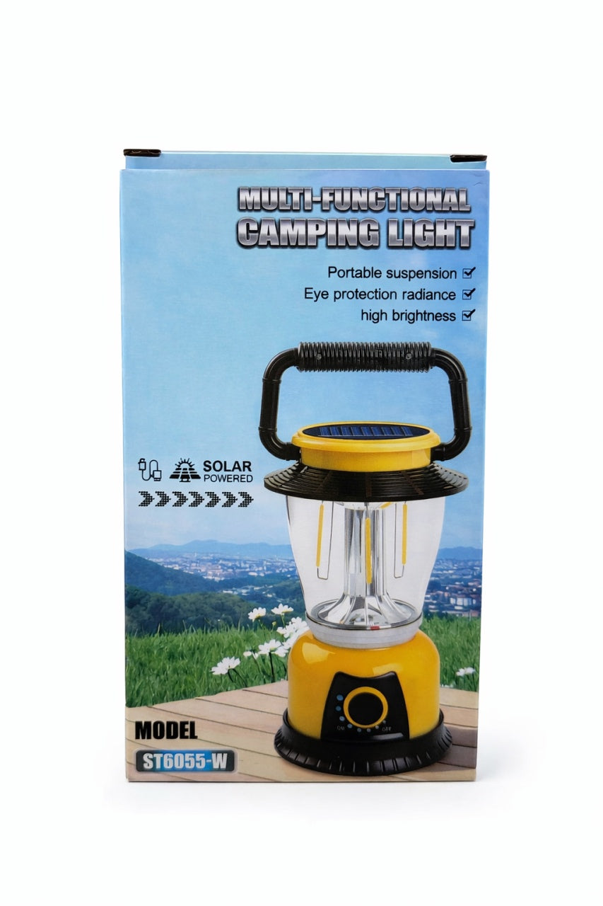 Lampă solară de camping LED multifuncțională din plastic, culoare galbenă