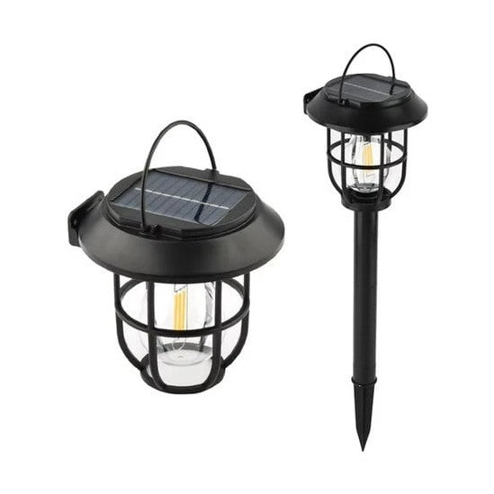 Lampă solară de grădină LED cu spic, neagră, plastic rezistent, lumină caldă, cu montaj ușor