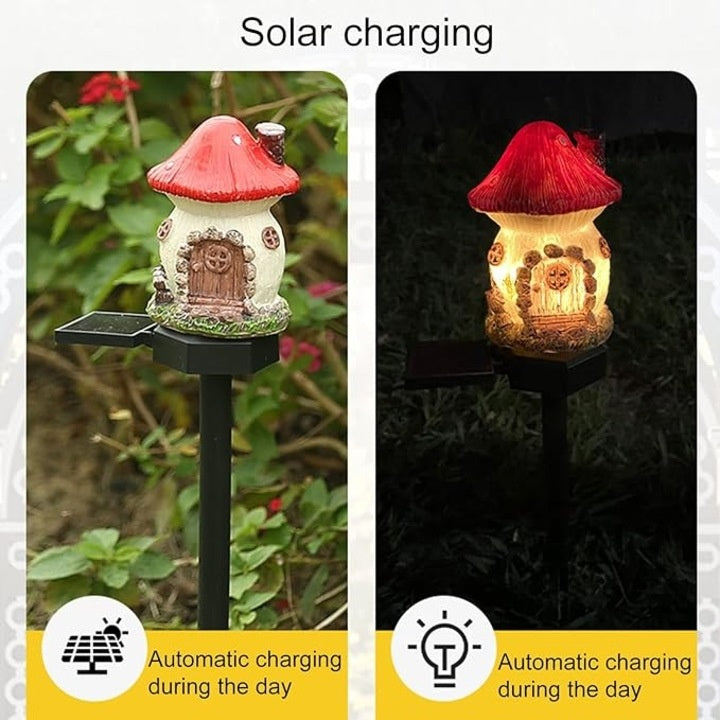 Lampă solară de grădină LED, design ciupercă, plastic rezistent, iluminare automată, roșu-galben