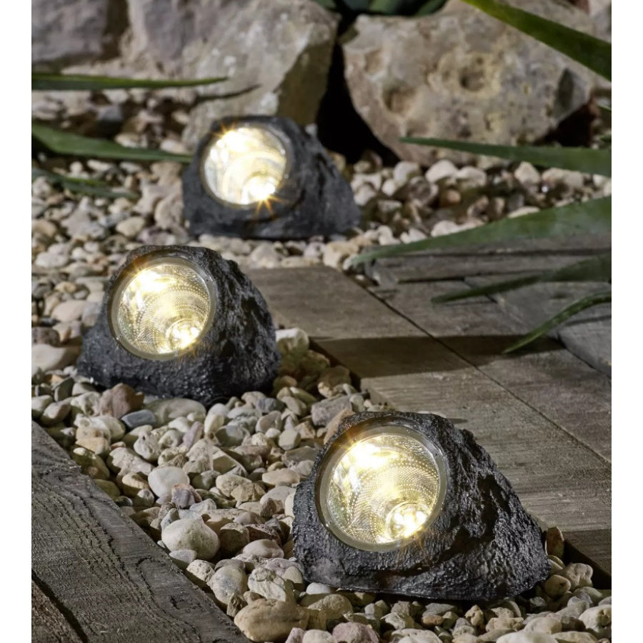 Lampă solară LED de grădină, design piatră, plastic, negru, 15x12 cm
