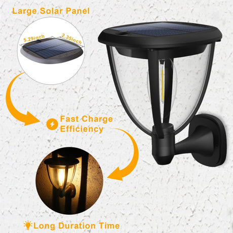 Lampă solară LED de perete, plastic negru, 100 Led, lumină caldă, cu comutator intensitate