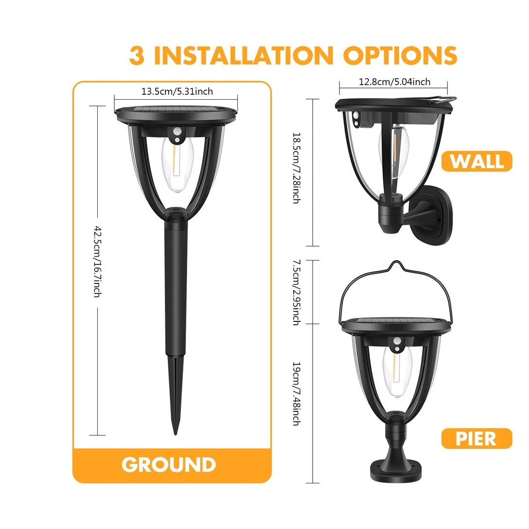 Lampă solară LED de perete, plastic negru, 100 Led, lumină caldă, cu comutator intensitate