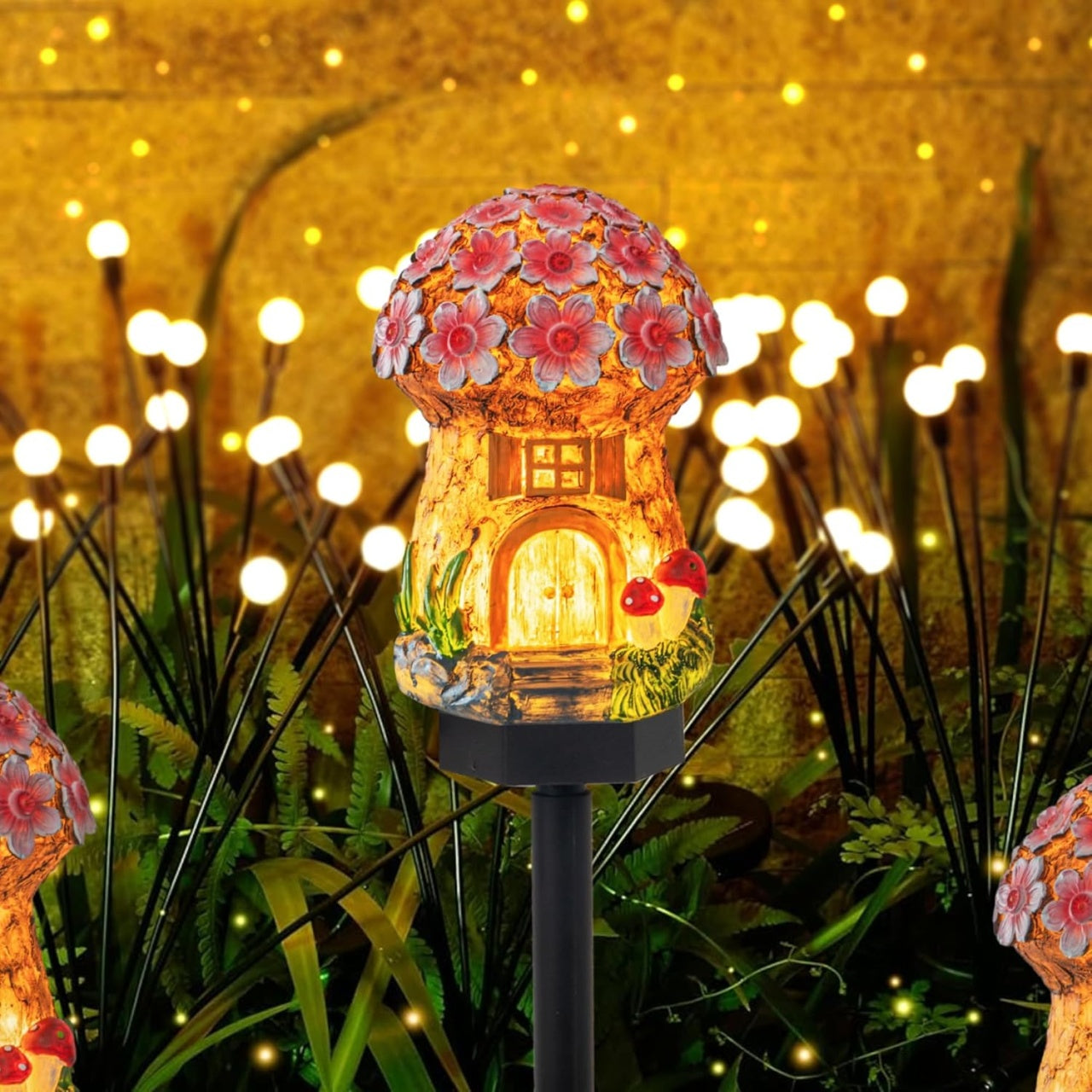 Lampă solară LED decorativă pentru grădină, design ciupercă cu flori galbene, plastic durabil