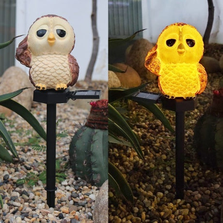 Lampa solară LED decorativă pentru grădină în formă de bufniță, plastic, maro și crem