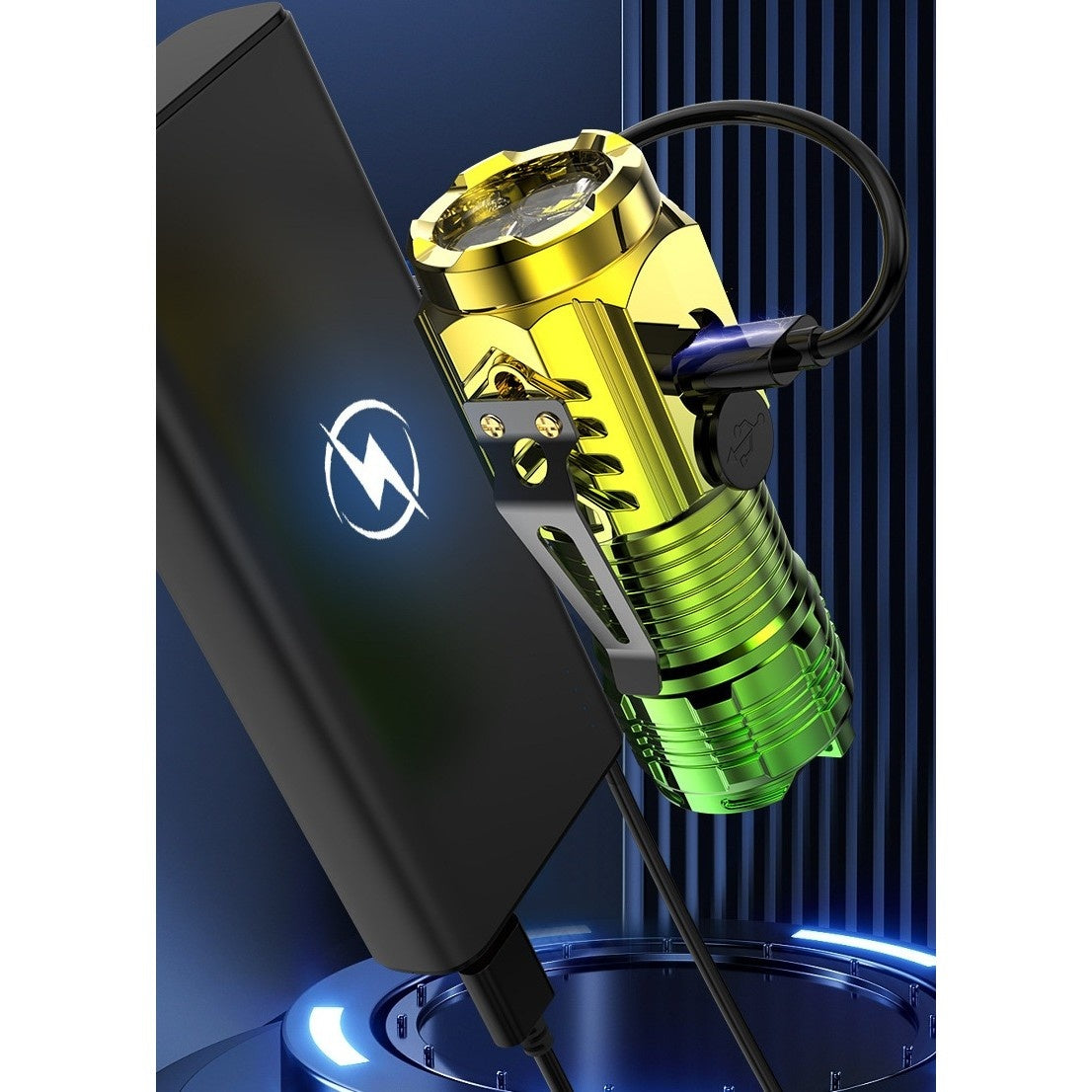 Lanterna cu 3 Nuclee Led, , Incarcare USB, Autonomie 4-20h, Raza Maxima 100-200 m, 5W, 4 x 4 x 9 cm, Suport de Agatat, Fund Magnetic, Galben Verde