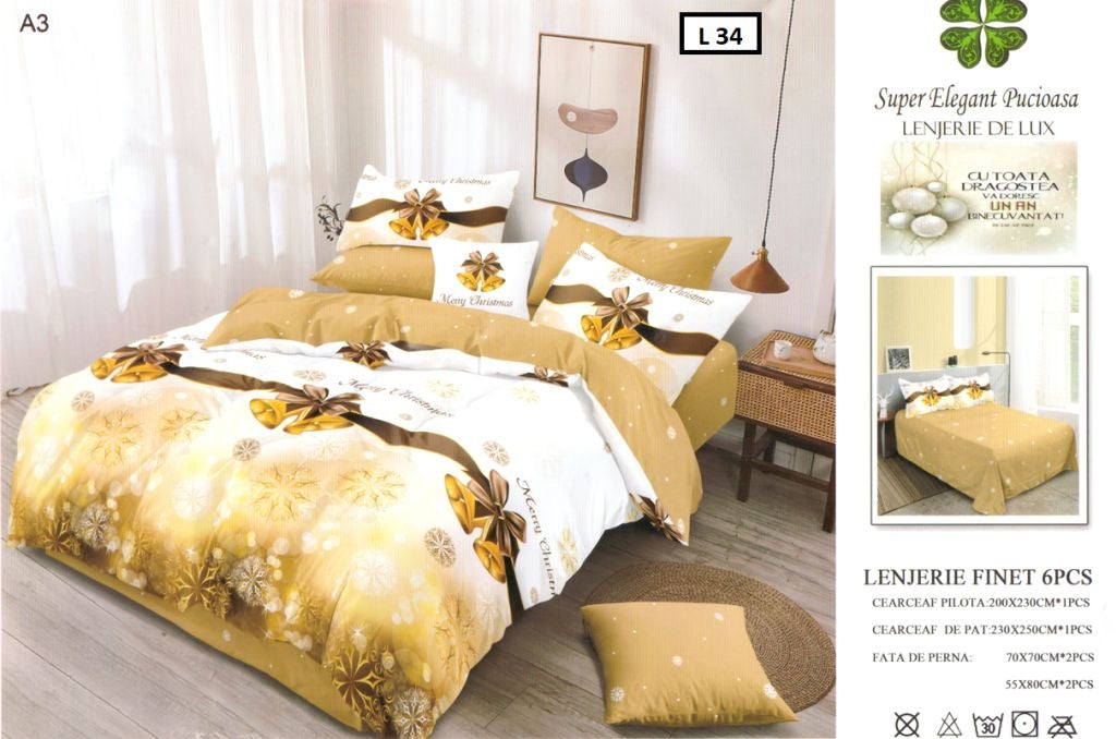 Lenjerie Pat Finet 6 Piese , Model Craciun Auriu cu Fundite Fulgi, 200x230 cm