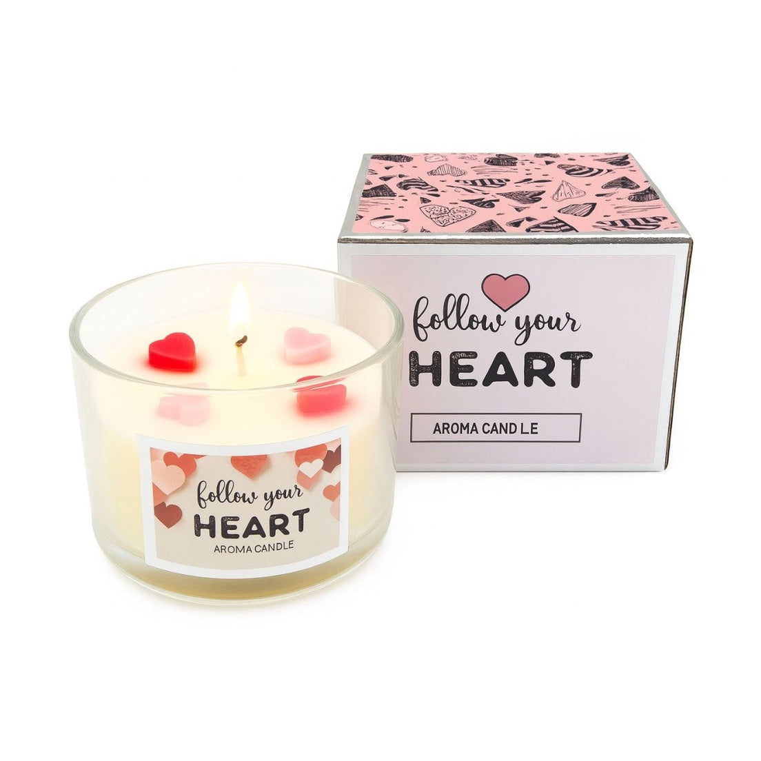 LUMANARE PARFUMATA FOLLOW YOUR HEART IN PAHAR DIN STICLA CUTIE ASORTATA, 7.5x7.5x5.5cm