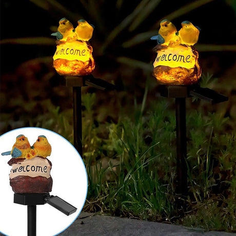 Lumină solară decorativă pentru grădină, plastic, cu semn 'Welcome', păsări colorate, 9.5 x 12.5 x 39.3 cm