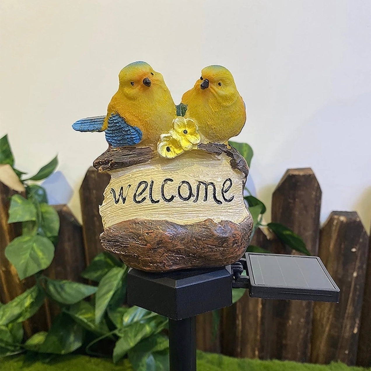 Lumină solară decorativă pentru grădină, plastic, cu semn 'Welcome', păsări colorate, 9.5 x 12.5 x 39.3 cm