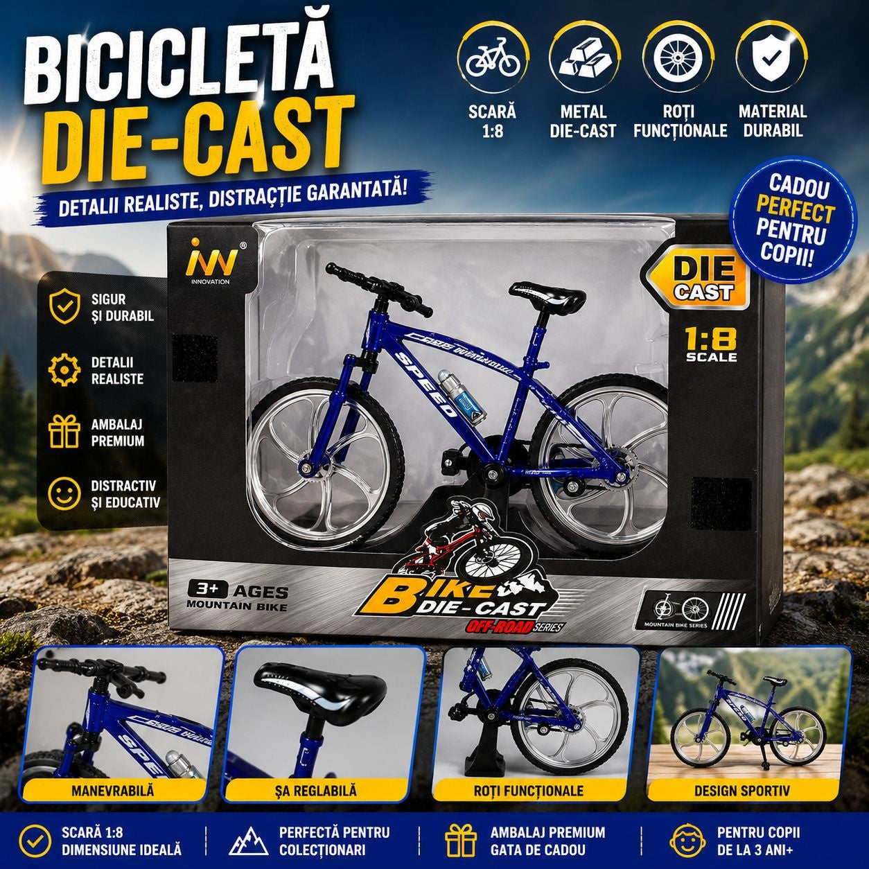 Machetă Bicicletă Die-Cast 1:8 din Metal cu Roți Funcționale și Șa Reglabilă, culoare aleatorie
