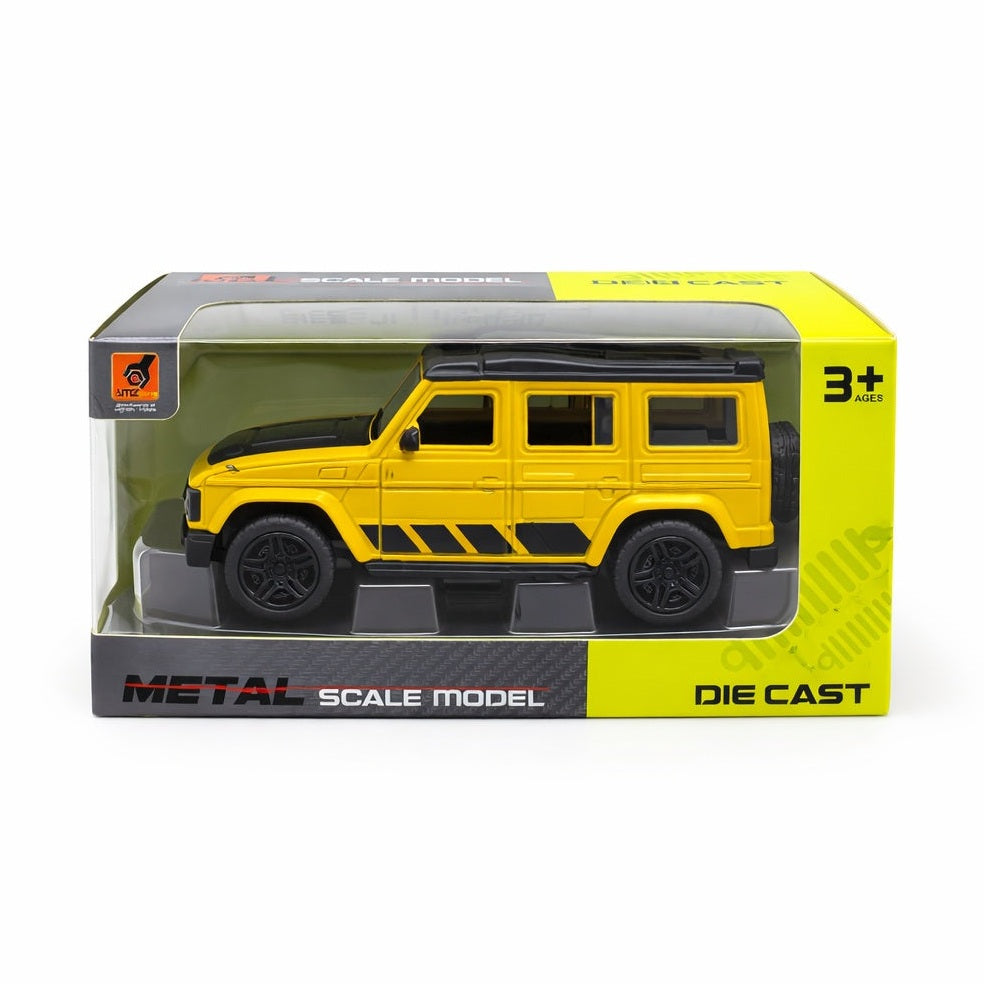 Macheta masina off road galbena 1:24 metal die cast, usi functionale, 15.5 x 7 cm