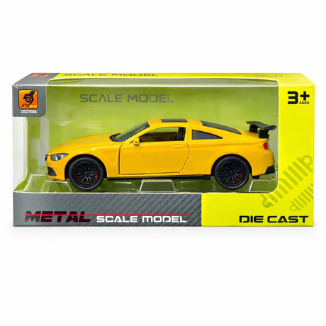 Macheta masina sport galbena coupe cu eleron, detalii realiste, 15.5x7 cm