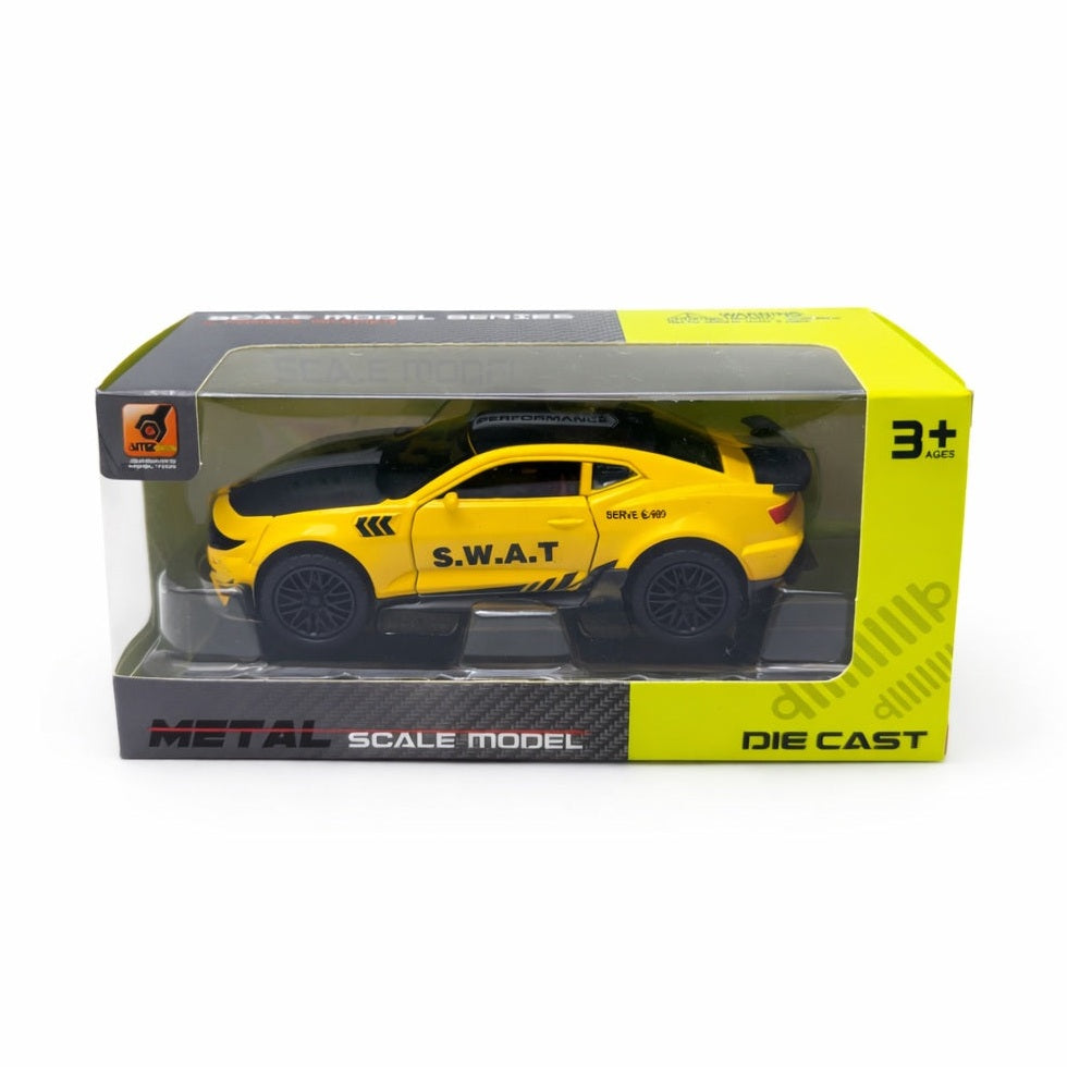 Macheta masina sport galbena S.W.A.T 1:24 metal die cast, usi functionale, 15.5 x 7 cm