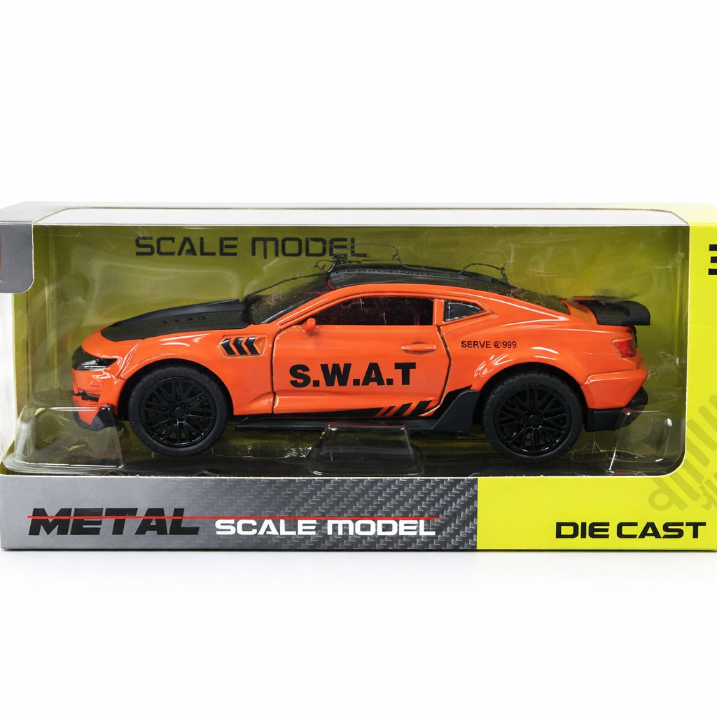 Macheta masina sport SWAT portocalie 1:24 metal die cast, usi functionale, 15.5 x 7 cm