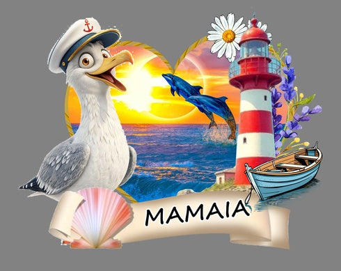 Magnet decorativ frigider Mamaia cu pescarus si far, multicolor