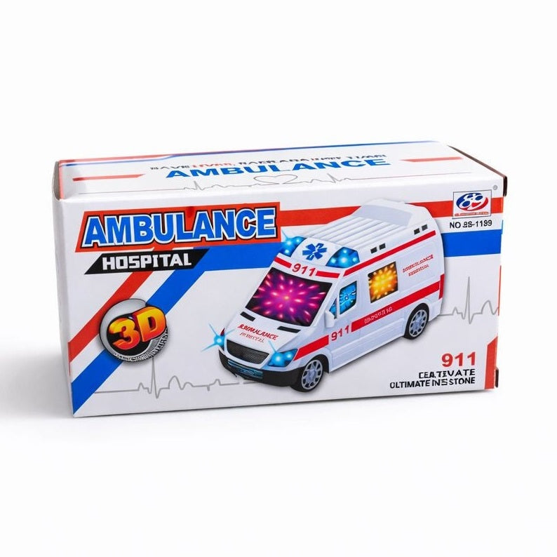 Masina ambulanta cu lumini 3D si sunet, jucarie interactiva, 17.5 cm