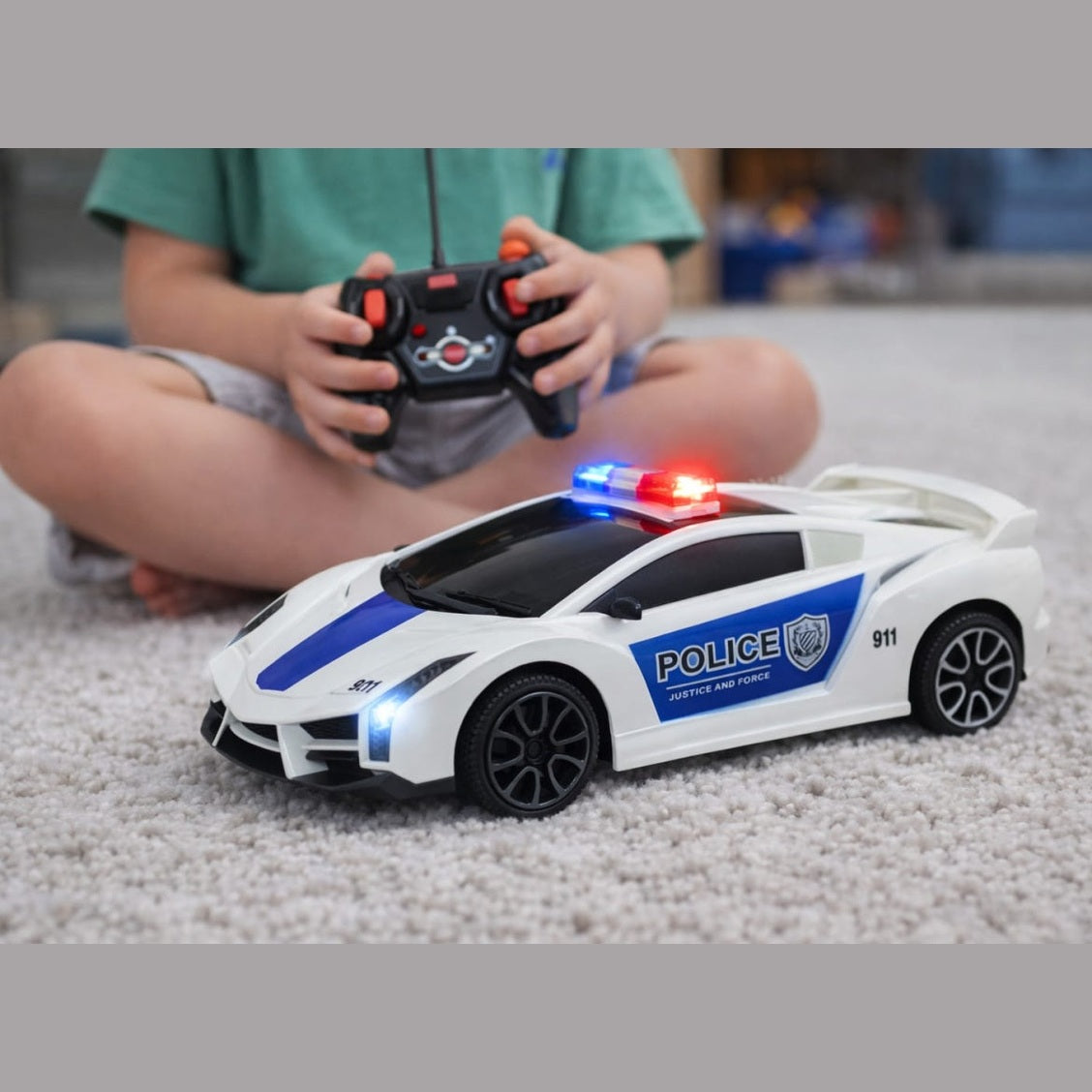 Mașină cu telecomandă Adventura Toys, plastic, lumini, albastru-alb