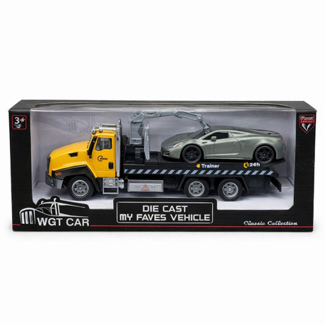 Masina de remorcare galbena cu masinuta gri, model metalic die-cast, 26.5 cm, functie pull back