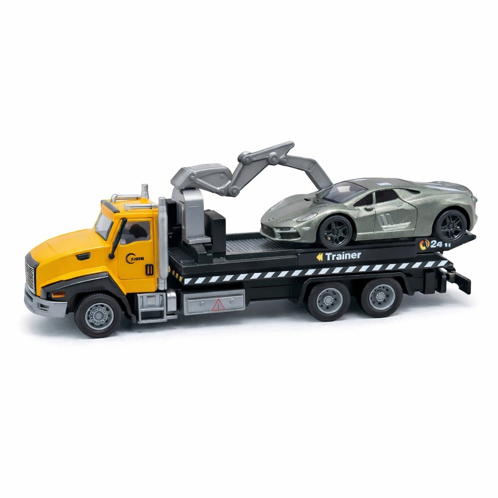 Masina de remorcare galbena cu masinuta gri, model metalic die-cast, 26.5 cm, functie pull back