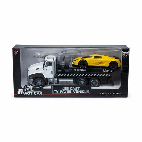 Masina de tractari cu masina sport galbena, metal die-cast, functie pull back, 26.5cm