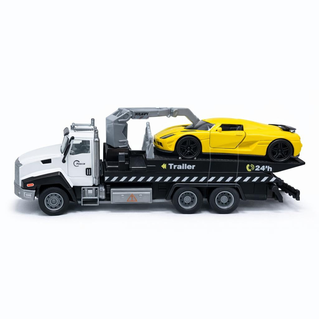 Masina de tractari cu masina sport galbena, metal die-cast, functie pull back, 26.5cm