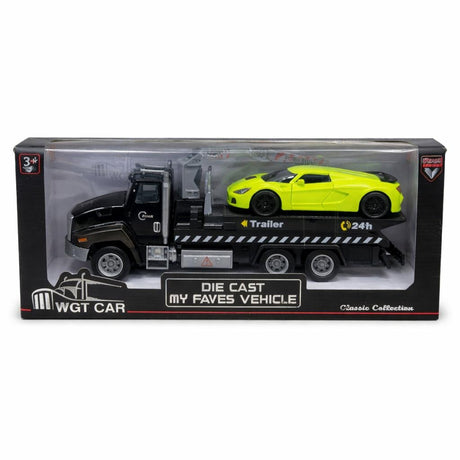 Masina de tractari cu masina sport verde, metal die-cast, pull back 26.5cm
