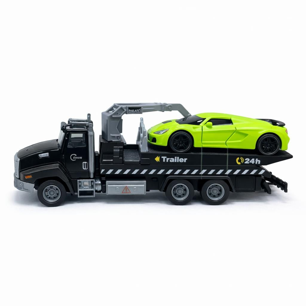 Masina de tractari cu masina sport verde, metal die-cast, pull back 26.5cm