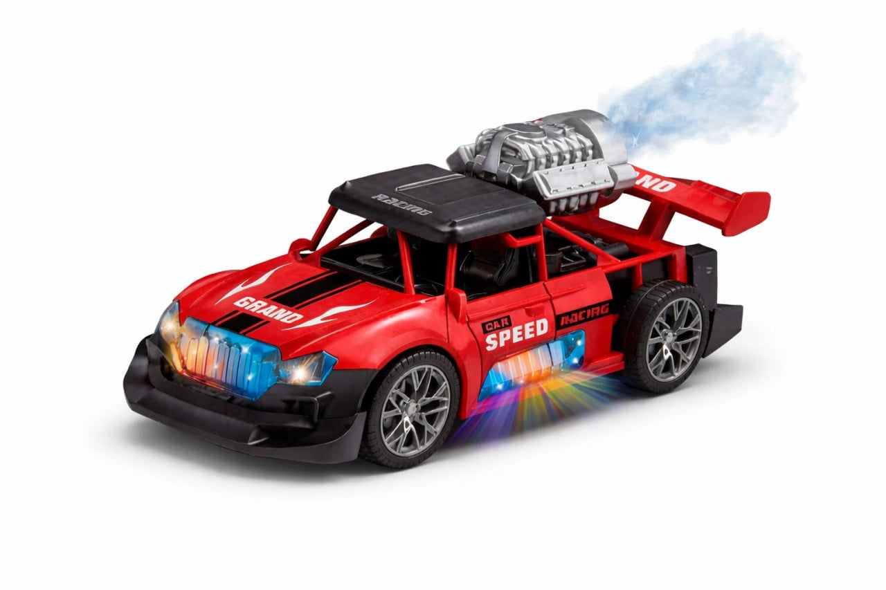Masina jucarie racing rosie cu lumini si fum, bump & go, 21x10.5 cm